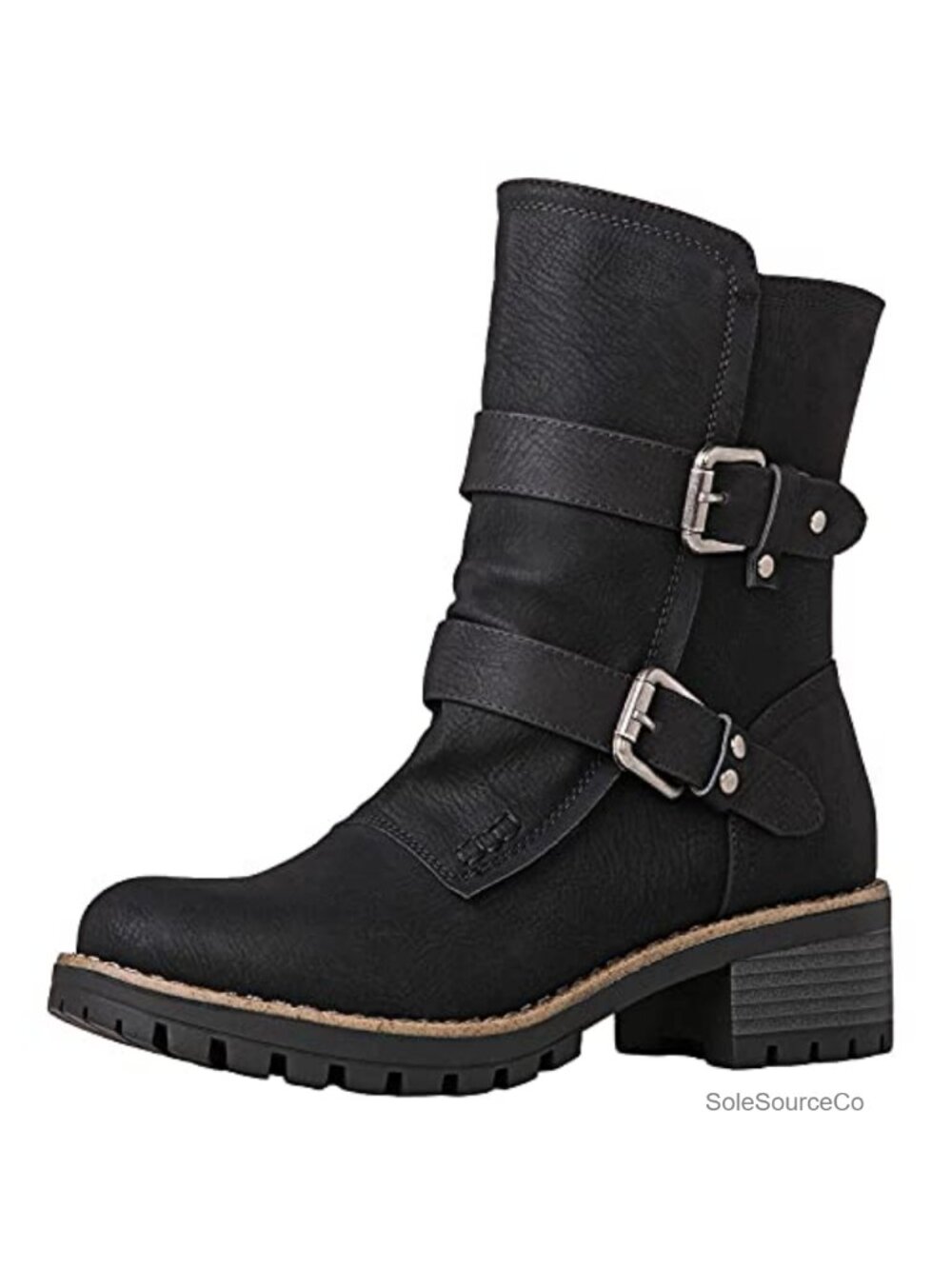 Women's Faux Fur Lined Vegan Leather Ankle Boots Buckle Moto Booties